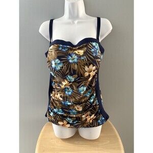 Lands End Swim Top Size 12 Blue Brown Floral Blouson Tummy Hiding Ruched Tankini